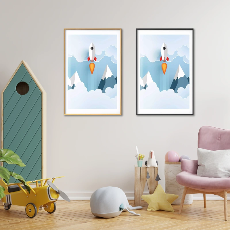 Poster Décoratif d'une Fusée dans les nuages pour Enfant accroché dans une salle d'enfant