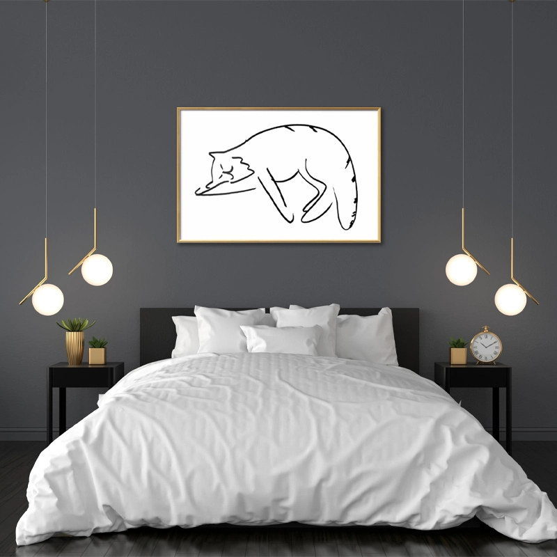 Poster encadré d'un Chat style Line Art Noir et Blanc accroché dans une chambre
