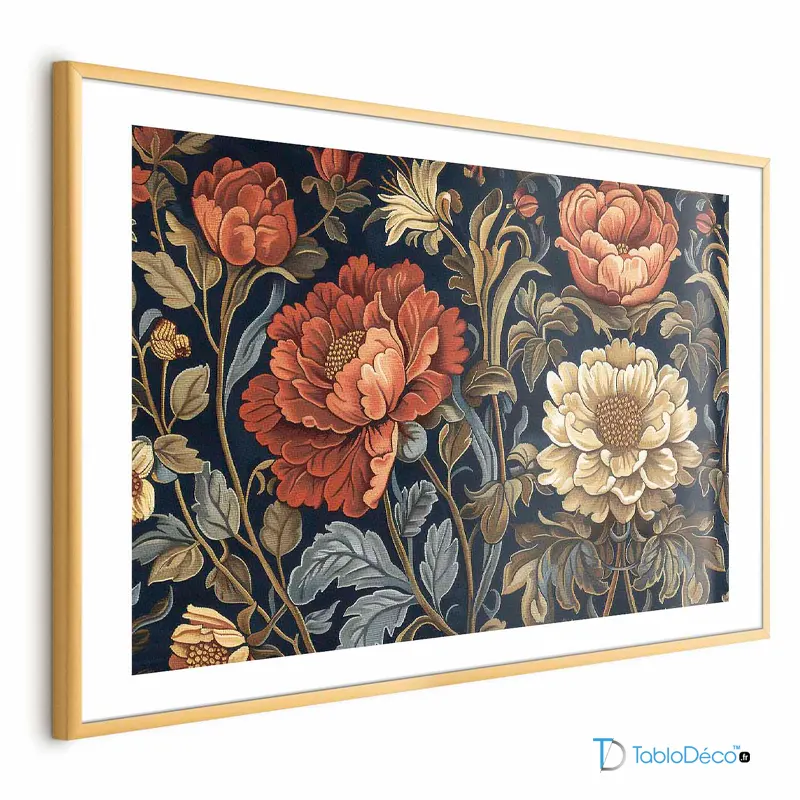 Poster encadré Fleurs Rétro Colorées cadre doré et avec une marge