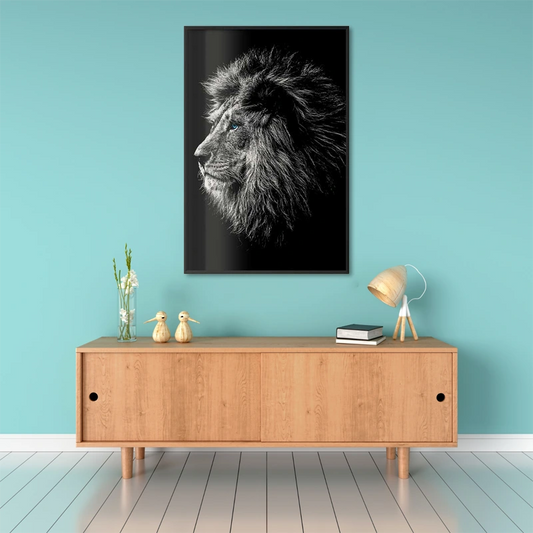 Poster encadré Lion Noir et Blanc aux Yeux Bleus