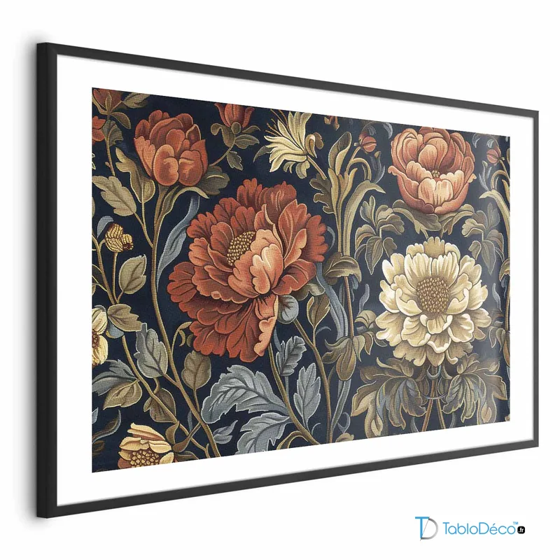 Poster Fleurs Rétro Colorées cadre noir avec marge