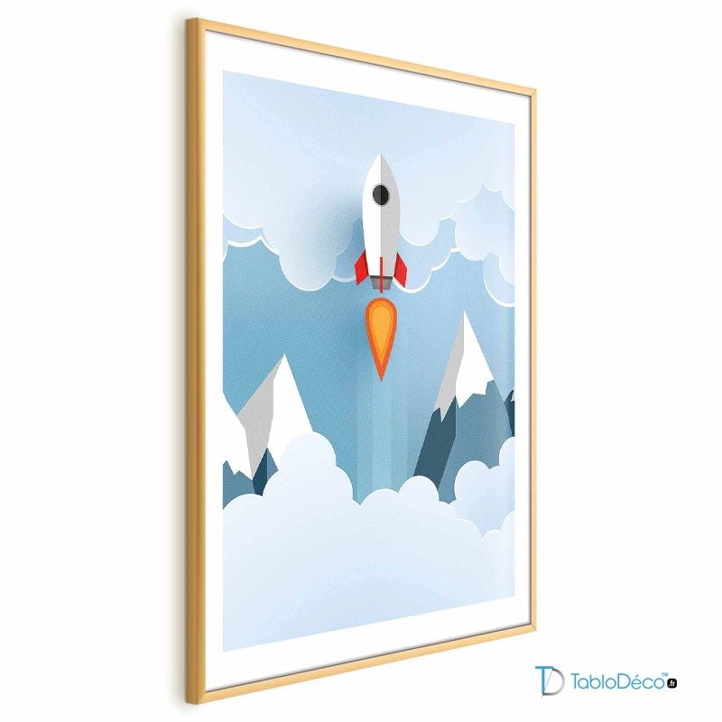 Poster Fusée dans les nuages pour Enfant cadre doré avec une marge