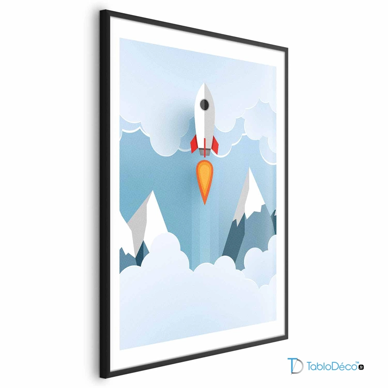 Poster Fusée dans les nuages pour Enfant dans un cadre noir avec une marge