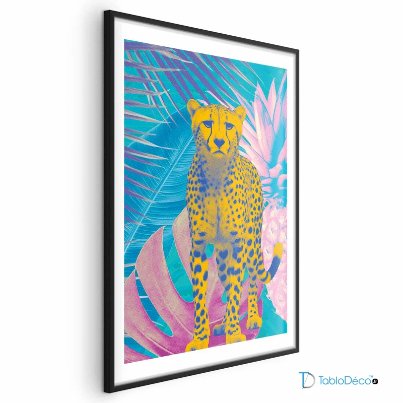 Poster Guépard Couleurs Exotiques cadre noir avec marge