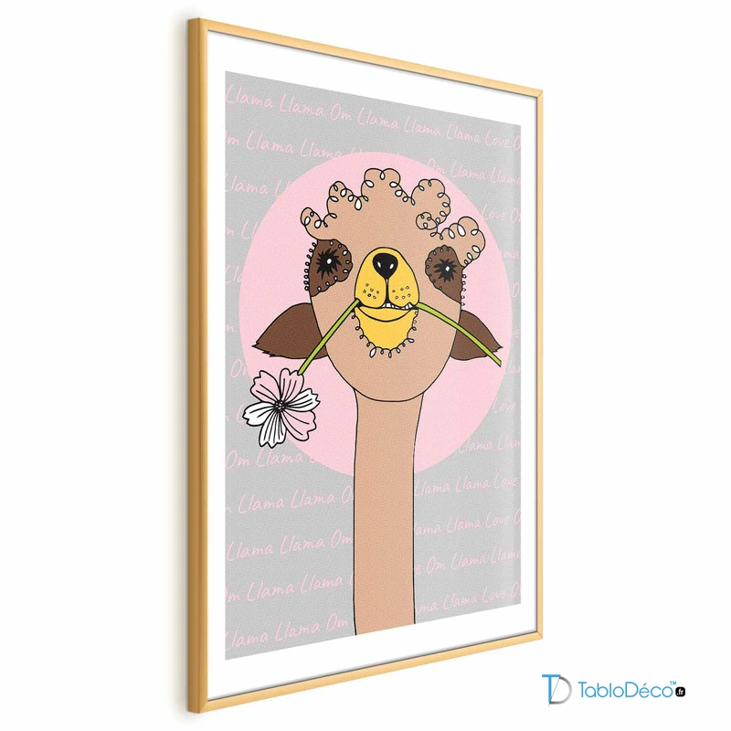 Poster d'un Lama Joyeux cadre doré avec une marge