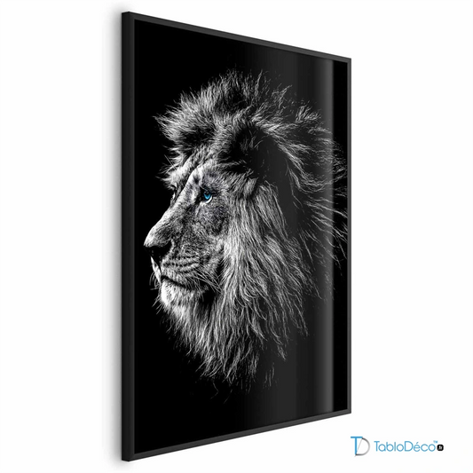 Poster Lion Noir et Blanc aux Yeux Bleus