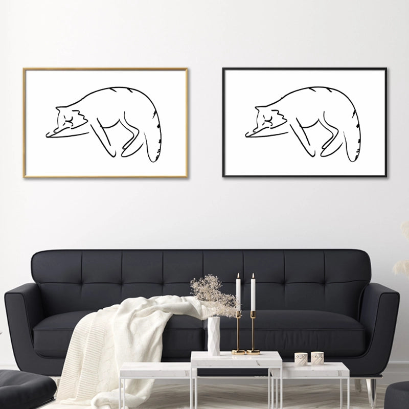 Poster Mural avec un Chat en Line Art Noir et Blanc accroché dans un salon