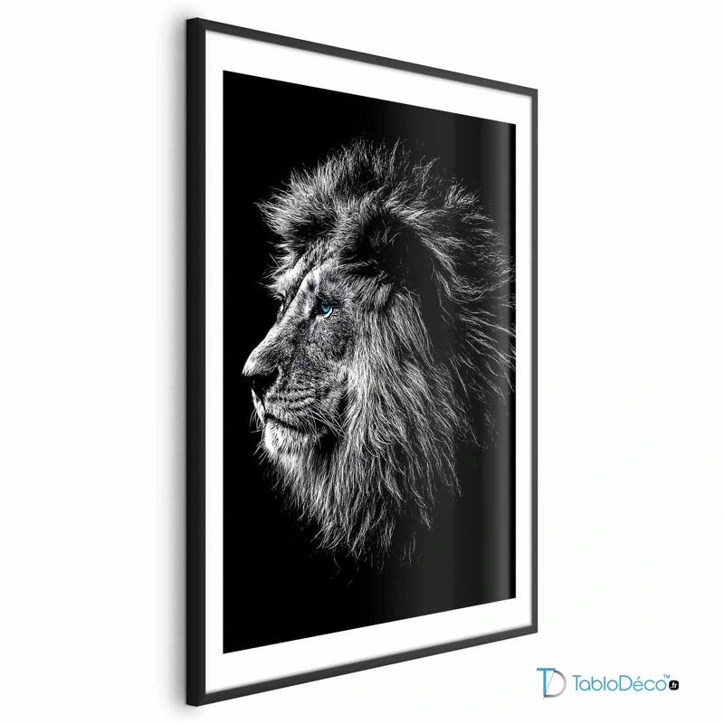 Poster Mural Lion Noir et Blanc aux Yeux Bleus avec marge