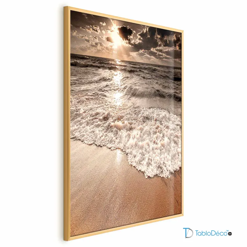 Poster plage paradisiaque vagues avec cadre doré