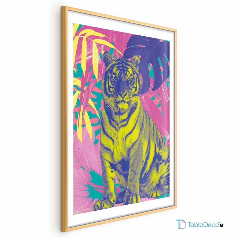 Poster Tigre Couleurs Exotiques cadre doré et avec une marge