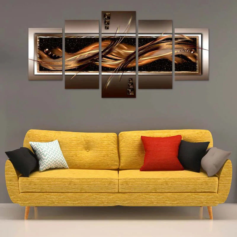 Tableau 5 panneaux Abstrait Taupe et Or - TabloDéco.fr