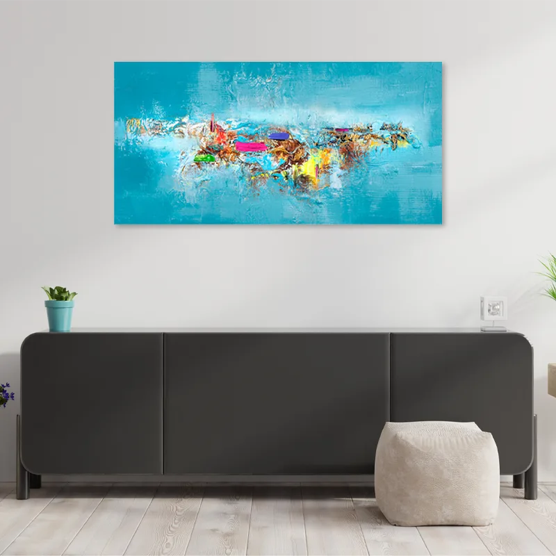 Tableau sur toile imprimée Abstrait Bleu Turquoise au-dessus d'une commode - TabloDéco.fr
