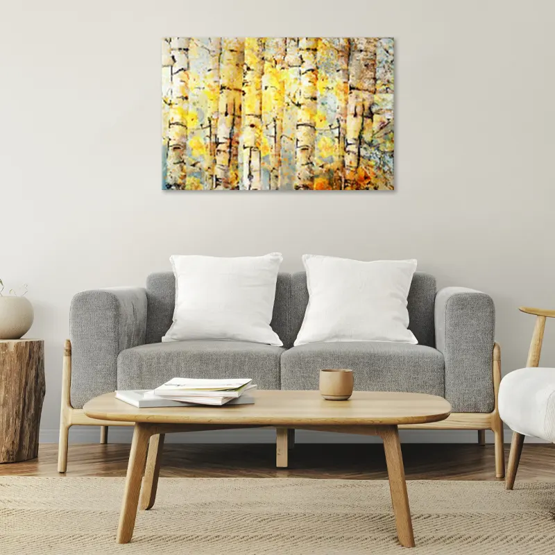 Tableau décoration Abstrait avec une Forêt de Bouleaux dans un salon - TabloDéco.fr