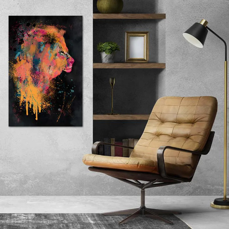Tableau sur toile Lion Abstrait dans un salon - TabloDéco.fr