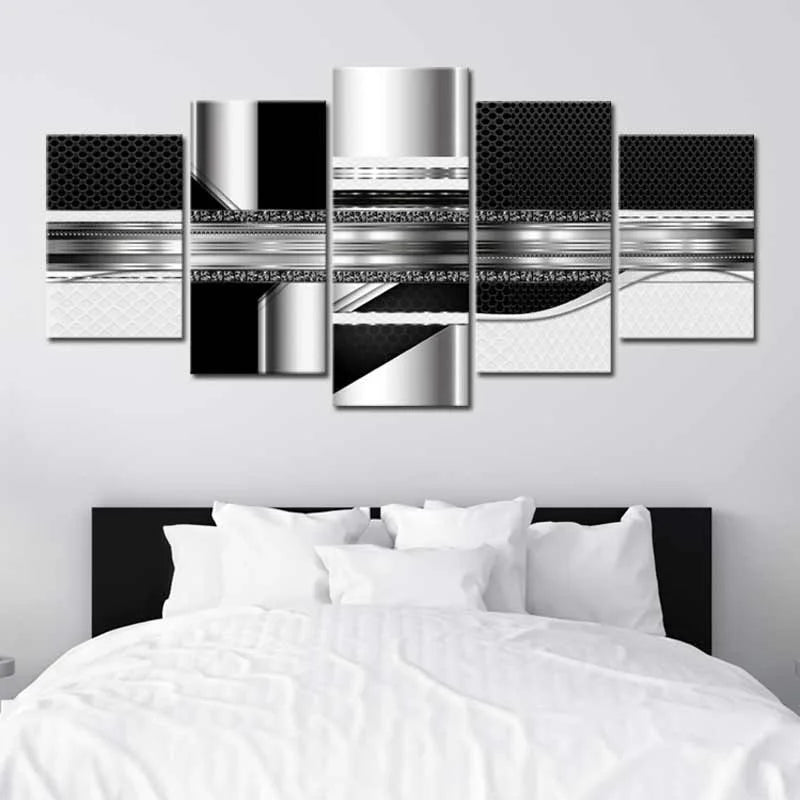 Tableau déco abstrait noir et argent dans une chambre - TabloDéco.fr