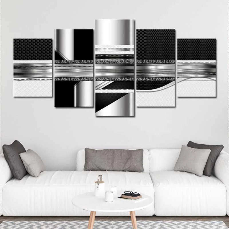 Tableau 5 parties abstrait noir argent  dans un salon - TabloDéco.fr