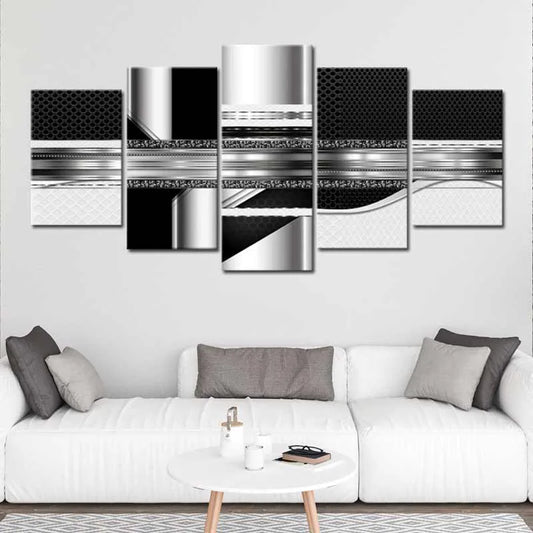 Tableau 5 parties abstrait noir argent  dans un salon - TabloDéco.fr