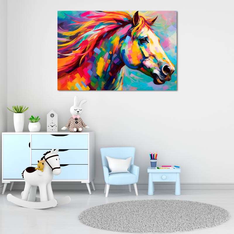 Tableau de décoration avec un Cheval Multicolore dans une chambre d'enfant - TabloDéco.fr