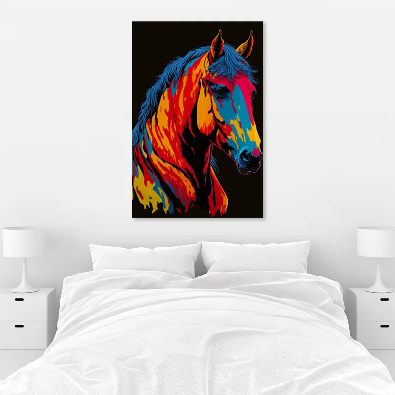 Toile décorative d'un Cheval de style Pop Art dans une chambre - TabloDéco.fr