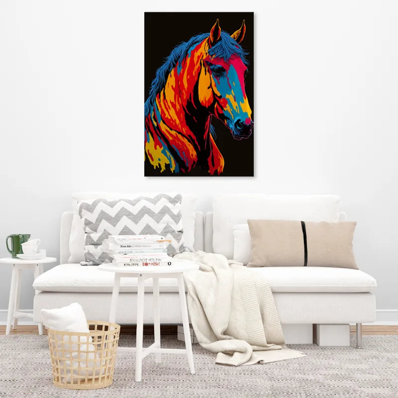 Tableau déco avec un Cheval Pop Art dans un salon - TabloDéco.fr