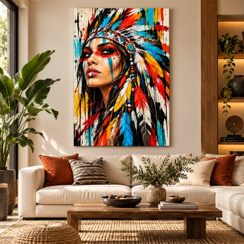 Tableau déco avec une Amérindienne Colorée accroché dans un salon