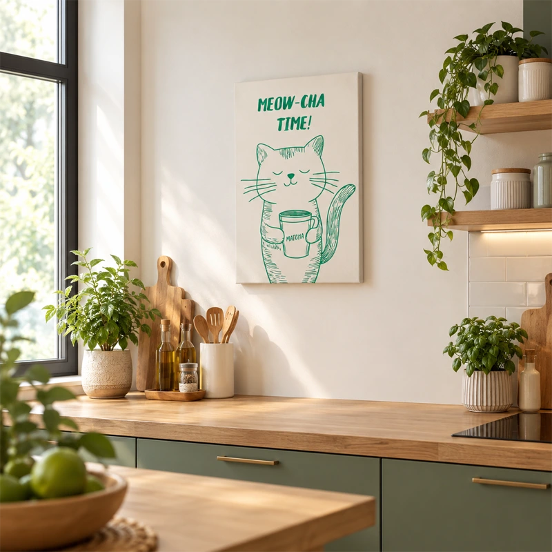 Tableau déco Meow-Cha Time dans une cuisine