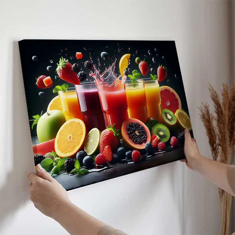 Tableau déco Jus de Fruits Gourmands accroché dans une cuisine