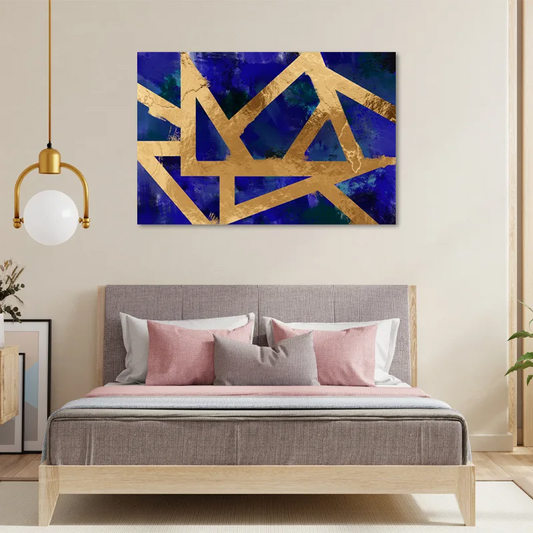 Tableau Déco Moderne Bleu et Doré dans une chambre