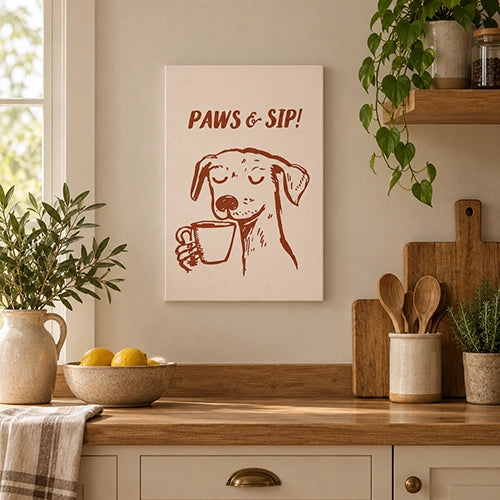 Tableau Paws & Sip accroché dans une cuisine, chien tenant une tasse de café