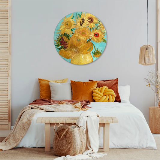 Tableau Déco format Rond - Le Vase avec Douze Tournesols de Vincent Van Gogh dans une chambre