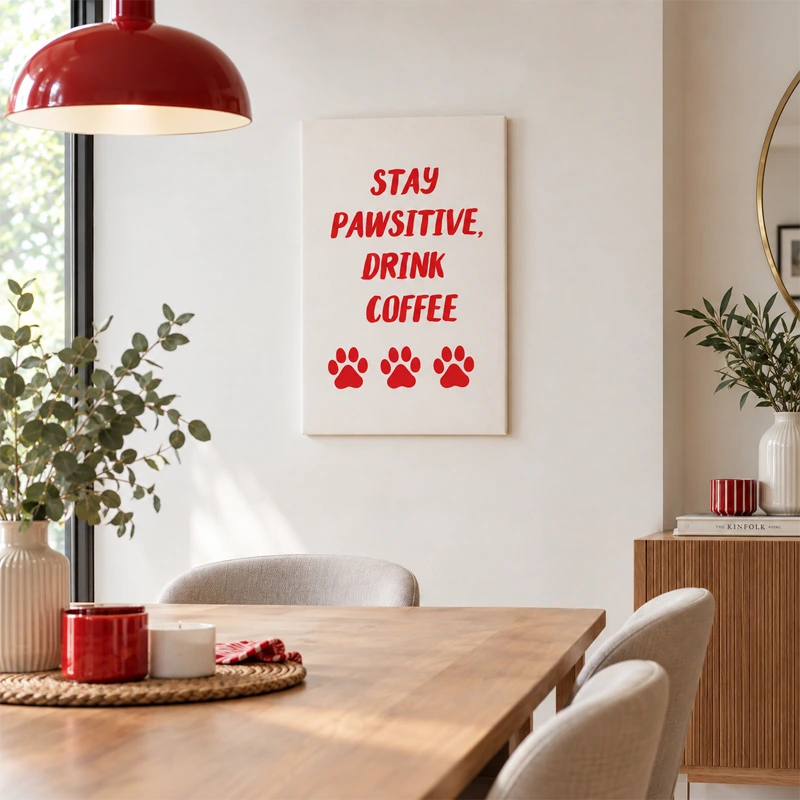Tableau déco Stay Pawsitive, Drink Coffee dans une salle à manger