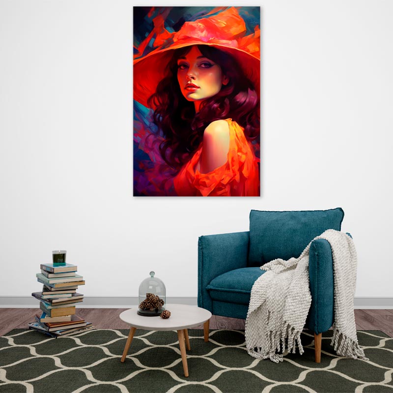 Tableau déco sur toile d'une Femme avec un Chapeau Rouge dans un salon - TabloDéco.fr