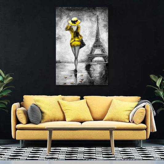 Tableau sur toile d'une Femme en Robe Jaune - TabloDéco.fr