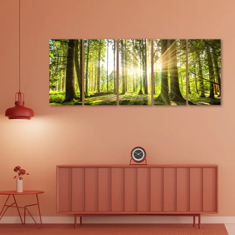 Tableau décoratif Foret en 5 parties au-dessus d'une commode - TabloDéo.fr
