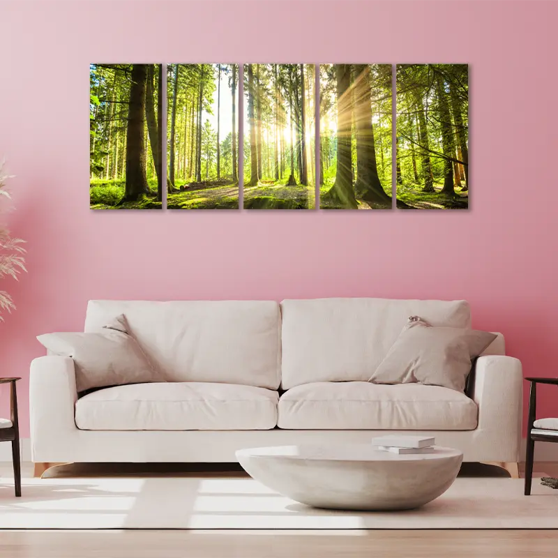 Tableau Foret en 5 panneaux dans un salon - TabloDéco.fr