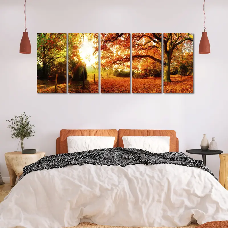 Toile décorative d'une forêt en Automne en plusieurs cadres dans une chambre - TabloDéco.fr