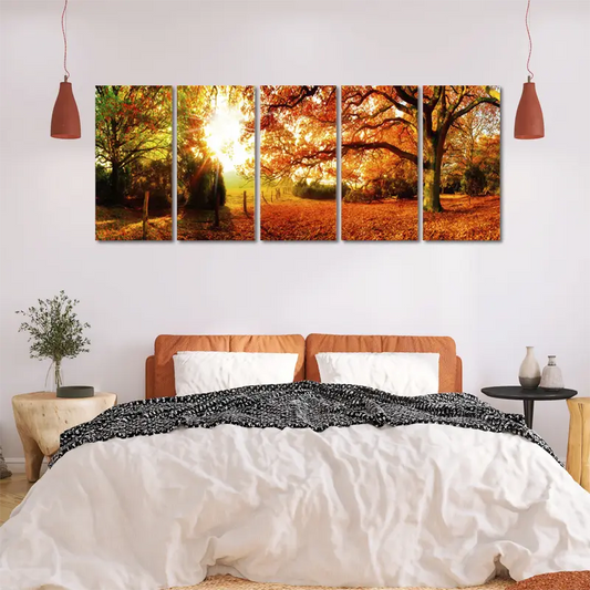 Toile décorative d'une forêt en Automne en plusieurs cadres dans une chambre - TabloDéco.fr