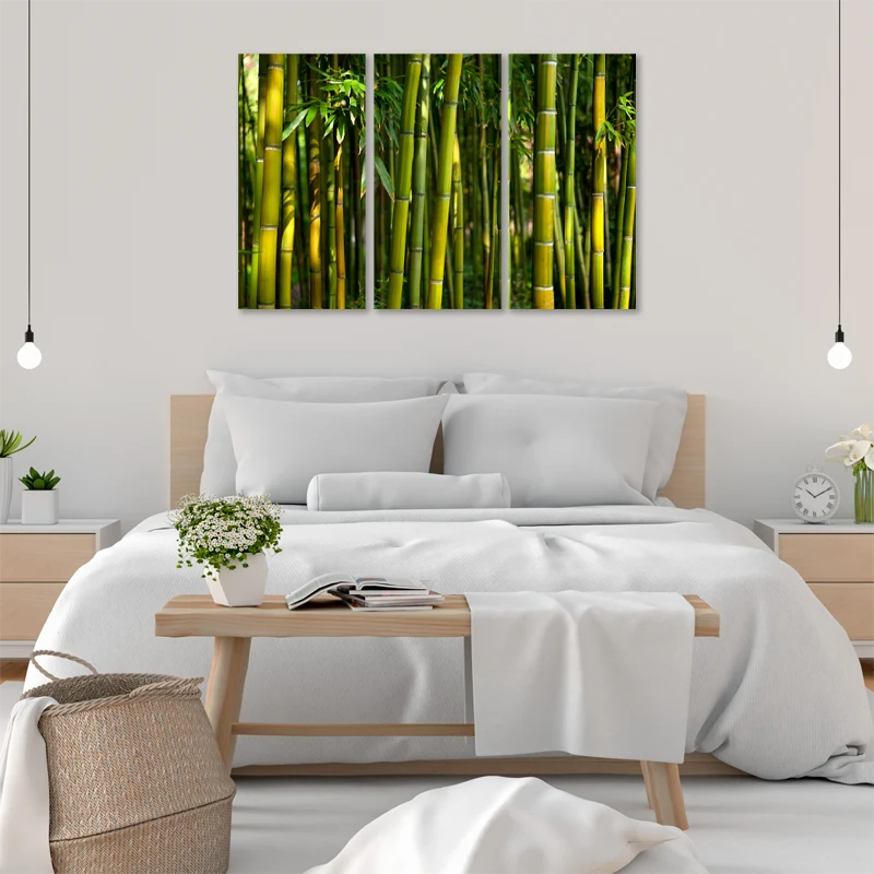 Tableau sur toile avec une Forêt de Bambous en 3 parties dans une chambre - TabloDéco.fr