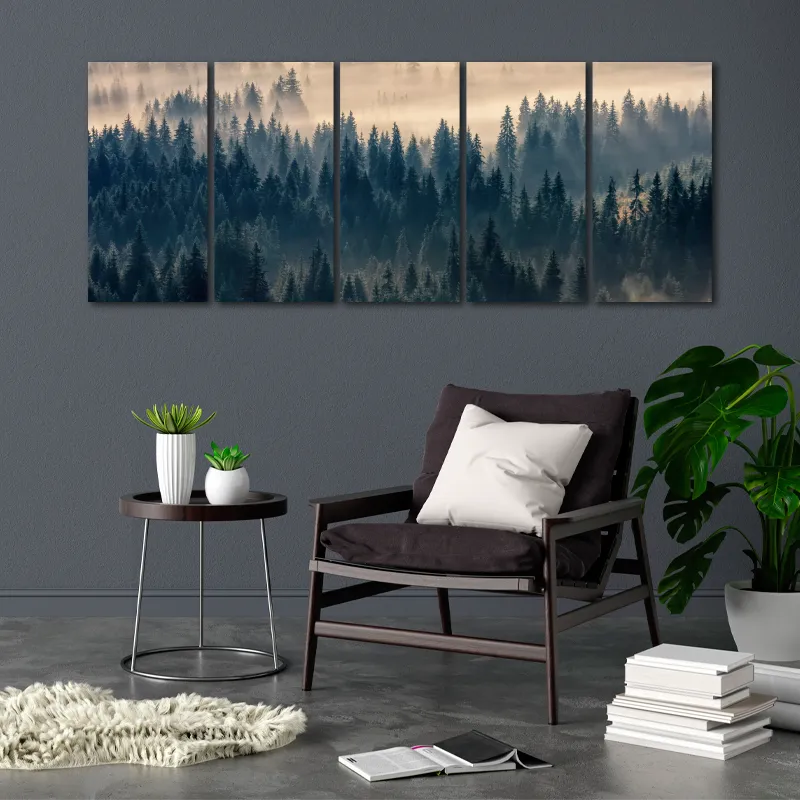 Tableau de décoration avec une Forêt dans la Brume dans un salon - TabloDéco.fr