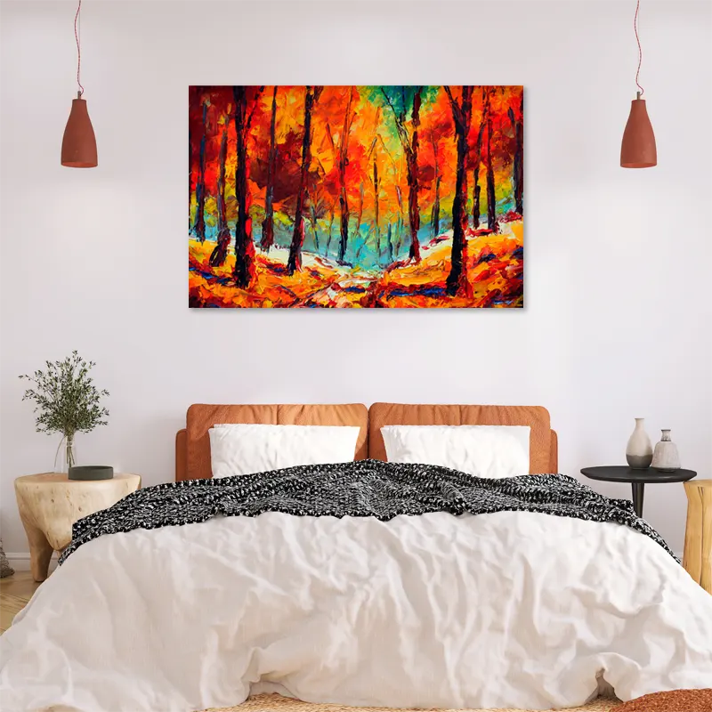 Tableau sur toile d'une Forêt aux Couleurs Automnales dans une chambre - TabloDéco.fr