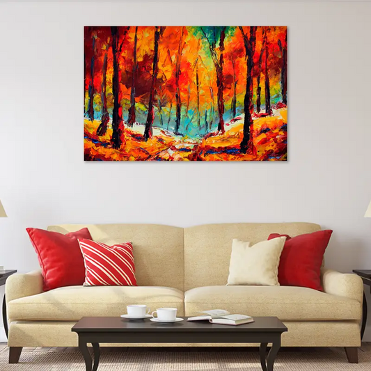 Toile déco d'une Forêt aux Couleurs Automnales dans un salon - TabloDéco.fr