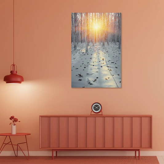 Toile murale d'une Forêt Enneigée au-dessus d'une commode - TabloDéco.fr