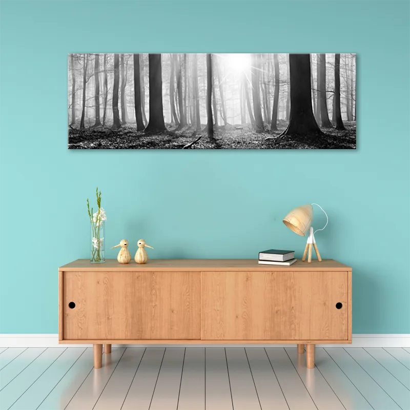 Tableau sur toile d'une Forêt Noir et Blanc au-dessus d'une commode - TabloDéco.fr