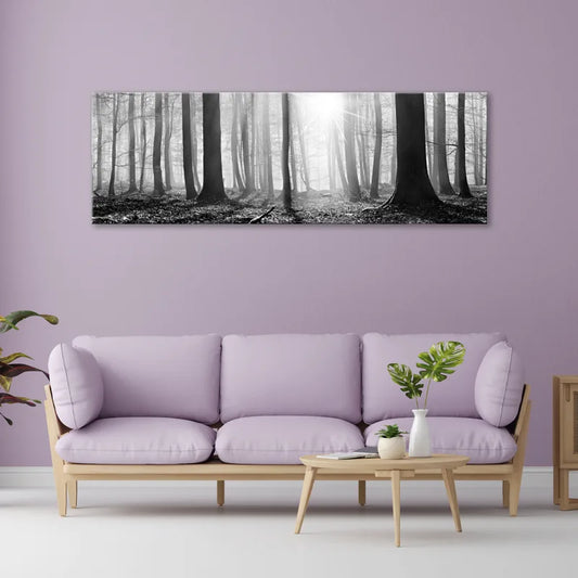 Toile décorative d'une Forêt en Noir et Blanc dans un salon - TabloDéco.fr