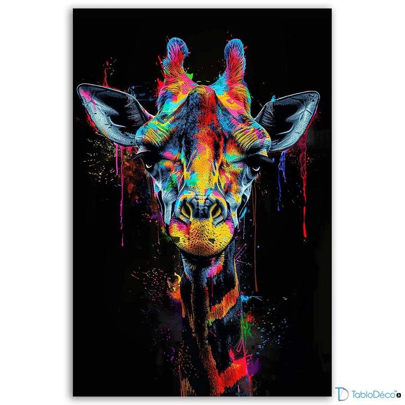 Tableau Girafe Multicolore Fond Noir