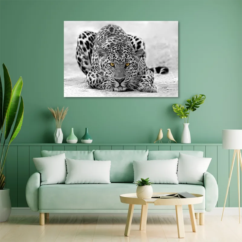 Tableau de décoration d'un Léopard Noir et Blanc dans un salon - TabloDéco.fr