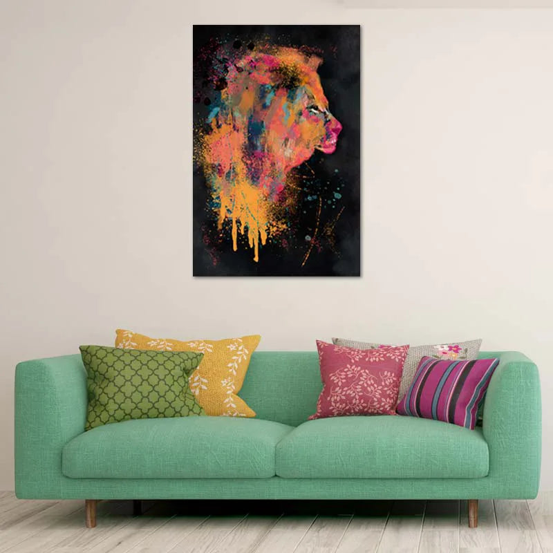 Toile décorative d'un lion abstrait au-dessus d'un canapé - TabloDéco