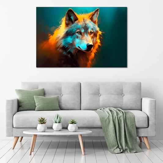 Toile murale d'un Loup Abstrait dans un salon - TabloDéco.fr