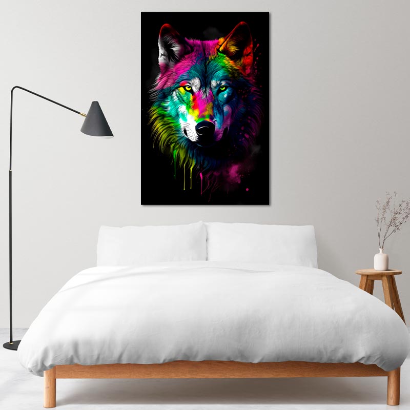 Tableau de décoration représentant un Loup Multicolore dans une chambre - TabloDéco.fr