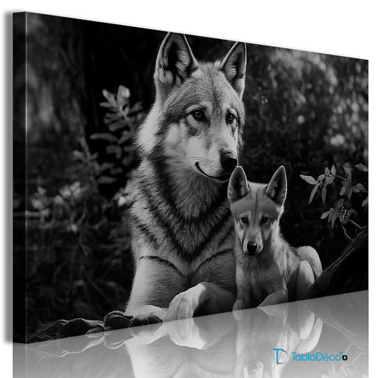Acheter un Tableau d'une Louve et de son Louveteau en Noir et Blanc - TabloDéco.fr